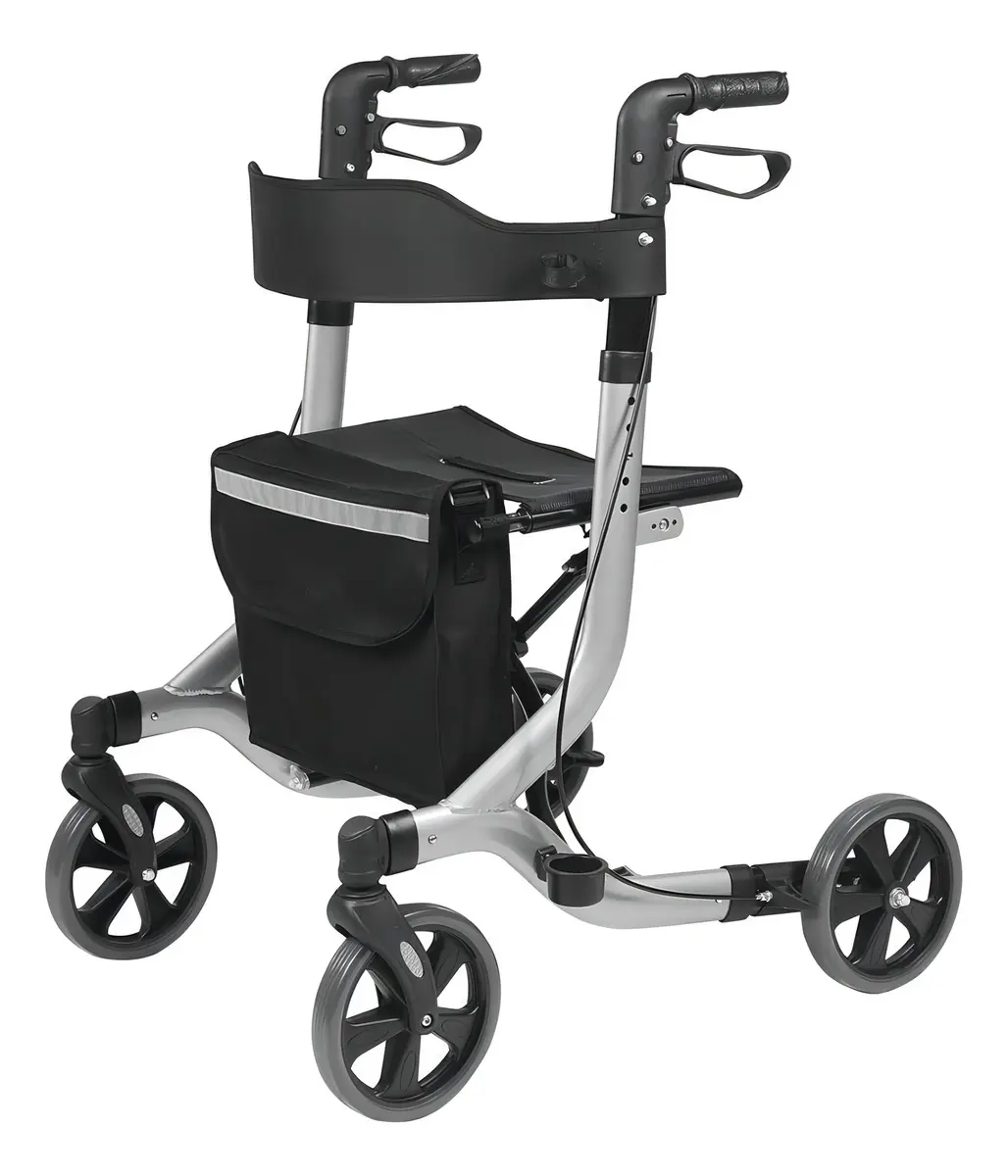 Andador 4 Rodas Encosto Cadeira Assento Dobrável Alumínio Não Enferruja Freios Suporta 130kg Idoso Adulto Ortopédico Ergonômico Caminhada Altura Regulável Cesta Porta Objeto Reabilitação Pós Cirurgia - Imagem 4